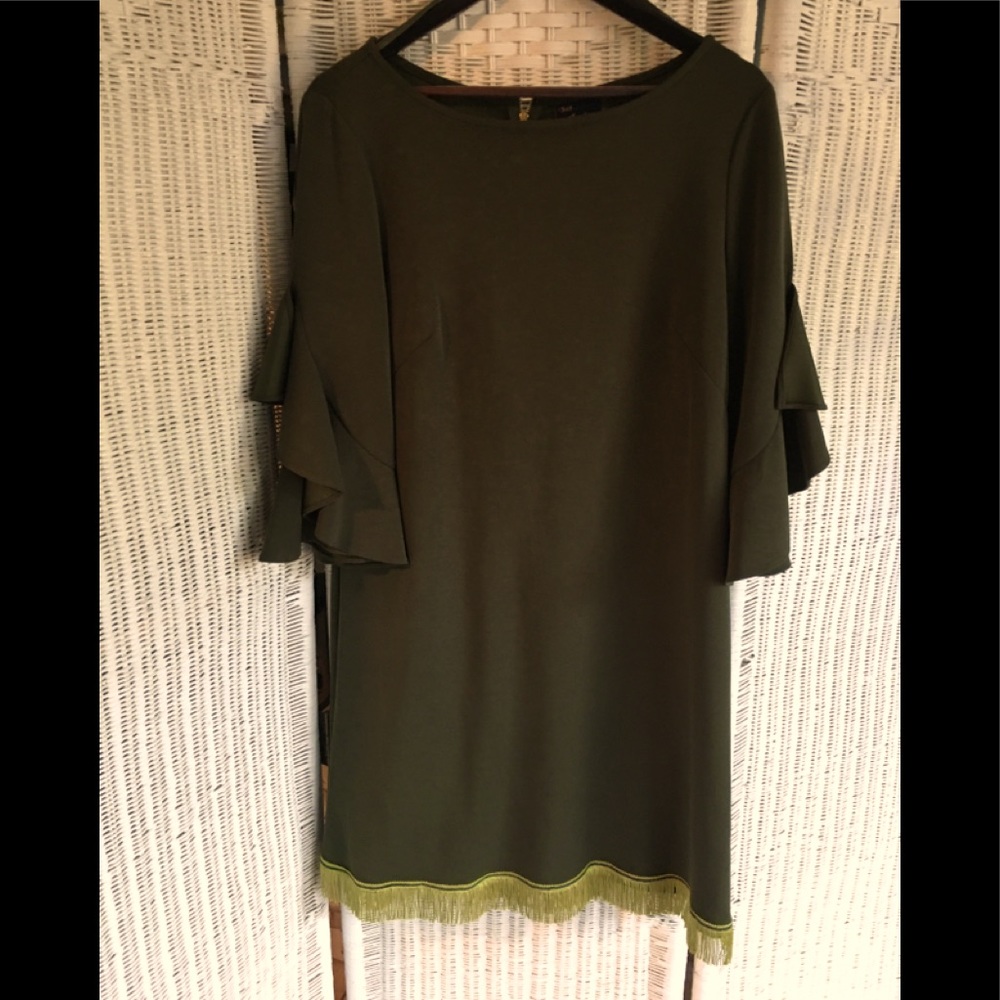 Just Taylor/Ann Taylor Olive Ruffle Sleeve/fringe hemline S 14